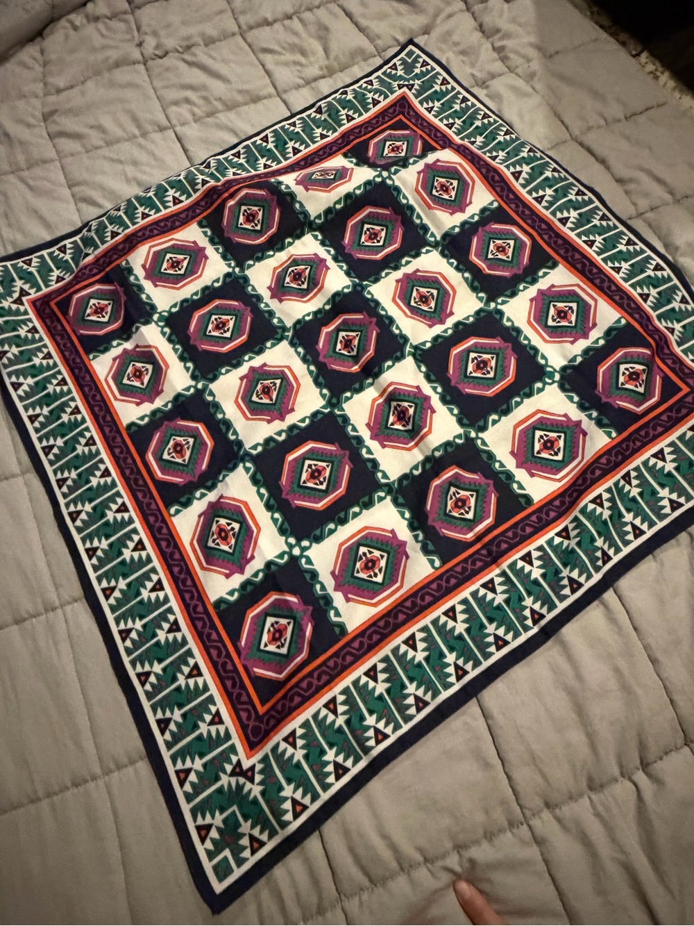 Geometric Print Square Scarf in Green, Navy & Pink - Unbranded